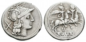Anónima. Denario. 205-203 a.C. Sur de Italia. (Ffc-4). (Cal-1b). Anv.: Cabeza de Roma a derecha, detrás X. Rev.: Los Dioscuros a caballo a derecha, de...