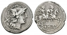 Anónima. Denario. 205-203 a.C. Sur de Italia. (Ffc-4). (Cal-1b). Anv.: Cabeza de Roma a derecha, detrás X. Rev.: Los Dioscuros a caballo a derecha. En...