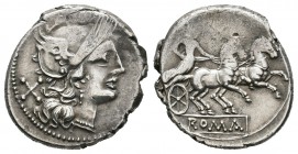Anónima. Denario. 179-170 a.C. Roma. (Ffc-75). (Craw-158/1). (Cal-50). Anv.: Cabeza de Roma a derecha, detrás X. Rev.: Diana en biga a derecha, encima...
