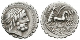 Antonia. Denario. 83-82 a.C. Taller Auxiliar de Roma. (Ffc-156). (Craw-364-1d). (Cal-139). Anv.: Cabeza laureada de Júpiter a derecha, detrás SC. Rev....