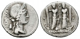 Egnatia. Denario. 75 a.C. Taller Auxiliar de Roma. (Ffc-688). (Cal-563). Anv.: Busto diademado de Libertad a derecha, detrás gorro frigio y MAXSVMVS. ...