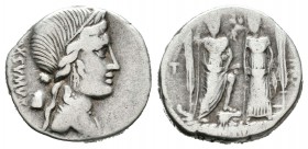 Egnatia. Denario. 75 a.C. Taller Auxiliar de Roma. (Ffc-688). (Cal-563). Rev.: Roma y Venus de frente, entre ellas Cupido, en el campo letra, debajo (...