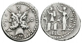 Furia. Denario. 119 a.C. Italia Central. (Ffc-730). (Craw-281-1). (Cal-600). Anv.: Cabeza de Jano bifonte, alrededor M FOVRI L F. Rev.: Roma de pie a ...