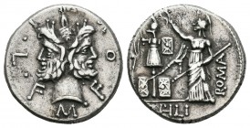 Furia. Denario. 119 a.C. Italia Central. (Ffc-730). (Craw-281-1). (Cal-600). Anv.: Cabeza de Jano bifonte, alrededor M FOVRI L F. Rev.: Roma de pie a ...