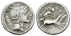 Flaminia. Denario. 109-108 a.C. Norte de Italia. (Ffc-708). (Craw-302/1). (Cal-579). Anv.: Cabeza de Roma a derecha, delante X, detrás ROMA. Rev.: Vic...