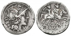 Marcia. Denario. 148 a.C. Roma. (Ffc-848). (Craw-215/1). (Cal-932). Anv.: Cabeza de Roma a derecha, delante X y detrás LIBO. Rev.: Los Dioscuros a cab...