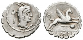 Papia. Denario. 79 a.C. Taller Auxiliar de Roma. (Ffc-952). (Craw-384/1). (Cal-1057). Rev.: Grifo a derecha, debajo símbolo y en exergo L PAPI. Ag. 3,...