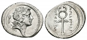 Plaetoria. Denario. 69 a.C. Roma. (Ffc-975). (Craw-405/3b). (Cal-1108). Anv.: Busto diademado a derecha, detrás símbolo. Rev.: Caduceo alao, a derecha...