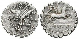Pomponia. Denario. 118 a.C. Narbona (Francia). (Ffc-1027). (Craw-282-4). (Cal-1174). Anv.: Cabeza de Roma a derecha, detrás X, alrededor L POMPONI CN ...