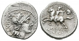 Sergia. Denario. 116-115 a.C. Norte de Italia. (Ffc-1111). (Craw-286-1). (Cal-1271). Anv.: Cabeza de Roma a derecha, detrás ROMA / X, delante EX SC. R...