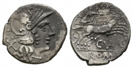 Valeria. Denario. 140 a.C. Roma. (Ffc-1163). (Craw-228/2). (Cal-1320). Anv.: Cabeza de Roma a derecha detrás X. Rev.: Victoria con látigo en biga a de...