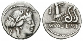 Volteia. Denario. 78 a.C. Roma. (Ffc-1231). (Craw-3855). (Cal-1393). Anv.: Cabeza de Baco a derecha. Rev.: Ceres con dos antorchas en biga, arrastrada...