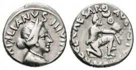 Augusto. P. Petronius Turpilianus. Denario. 19 a.C. Roma. (Ffc-304). (Ric-288). (Cal-1080). Anv.: Cabeza diademada de Feronia a derecha, alrededor (TV...