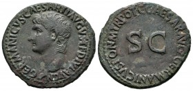 Germánico. As. 37-8 d.C. Roma. (Spink-1821). (Ric-35). Rev.: C CAESAR AVG GERMANICVS PON M TR POT, SC en el centro. Ae. 10,14 g. Acuñada bajo Calígula...