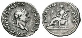 Vespasiano. Denario. 78-9 d.C. Roma. (Spink-2280). (Ric-131b). Rev.: ANNONA AVG. Annona sentada a izquierda con espigas en su regazo. Ag. 3,37 g. MBC....