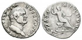 Vespasiano. Denario. 74 d.C. Roma. (Spink-2299). (Ric-75). Rev.: PON MAX TR P COS V. Vesta sentada a derecha con cetro y caduceo. Ag. 3,42 g. MBC/MBC-...