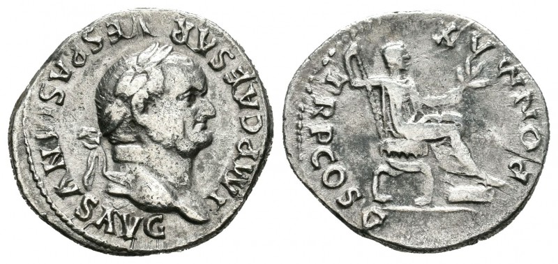 Vespasiano. Denario. 74 d.C. Roma. (Spink-2300). (Ric-76). Rev.: PON MAX TR P CO...