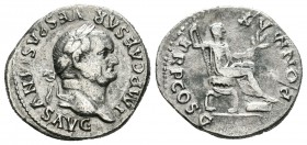 Vespasiano. Denario. 74 d.C. Roma. (Spink-2300). (Ric-76). Rev.: PON MAX TR P COS V. Vespasiano sentado a derecha con cetro y rama. Ag. 3,06 g. MBC-. ...