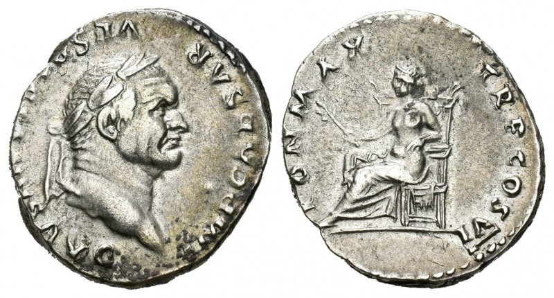 Vespasiano. Denario. 75 d.C. Roma. (Spink-2301). (Ric-90). Rev.: PON MAX TR P CO...