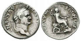 Vespasiano. Denario. 73 d.C. Roma. (Spink-2305). (Ric-65). Rev.: PONTIF MAXIM. Vespasiano sentado a derecha con cetro y rama. Ag. 3,43 g. MBC. Est...7...