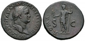 Vespasiano. Sestercio. 71 d.C. Roma. (Spink-2331). (Ric-443). Rev.: ROMA S C. Roma en pie a izquierda con Victoria y lanza. Ae. 25,12 g. MBC-. Est...2...