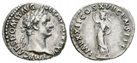 Domiciano. Denario. 95 d.C. Roma. (Ric-190). Rev.: IMP XXII COS XVII CENS P P P. Minerva en pie a izquierda con lanza. Ag. 3,45 g. MBC. Est...60,00.