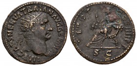 Trajano. Dupondio. 101 d.C. Roma. (Spink-3225). (Ric-428). Rev.: TR POT COS IIII P P S C. Justicia sentada a izquierda sobre dos cuernos de la abundan...
