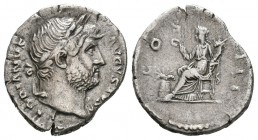 Adriano. Denario. 128 d.C. Roma. (Spink-3474). (Ric-170). Rev.: COS III. Annona sentada a izquierda con pátera y cuerno de la abundancia, a sus pies m...