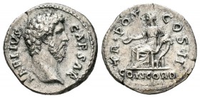 Aelio. Denario. 137 d.C. Roma. (Spink-3967). (Ric-436). Rev.: TR POT COS II / CONCORD. Concordia sentada a izquierda con pátera y cuerno de la abundan...
