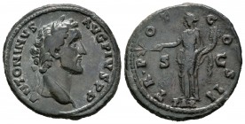 Antonino Pío. As. 139 d.C. Roma. (Spink-4309). (Ric-569a). Rev.: TR POT COS II S C / PAX. Paz en pie a izquierda con rama y cuerno de la abundancia . ...