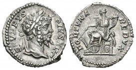 Septimio Severo. Denario. 203 d.C. Roma. (Spink-6279). (Ric-264a). Rev.: FORTVNA REDVX. Fortuna sentada a izquierda con timón y cuerno de la abundanci...