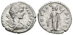 Caracalla. Denario. 198 d.C. Roma. (Spink-6801). (Ric-24a). Rev.: FIDES PVBLICA. Fides en pie a izquierda con esìgas y bandeja de fruta. Ag. 2,71 g. M...