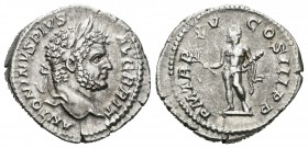Caracalla. Denario. 231 d.C. Roma. (Spink-6828 variante). (Ric-206a). Rev.: P M TR P XV COS III P P. Hércules en pie a izquierda con rama y piel de le...