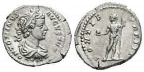 Caracalla. Denario. 200 d.C. Roma. (Spink-6857). (Ric-30a). Rev.: PONTIF TR P III. Caracalla desnudo en pie a izquierda con globo y lanza. Ag. 2,87 g....