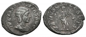 Julia Soemias. Denario. 220 d.C. Roma. (Spink-7719 variante). (Ric-243). Rev.: VENVS CAELESTIS. Venus en pie a izquierda con manzana y cetro, estrella...