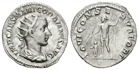 Gordiano III. Antoniniano. 238-9 d.C. Roma. (Spink-8614). (Ric-2). Rev.: IOVI CONSERVATORI. Júpiter en pie con cetro y haz de rayos, a sus pies pequeñ...