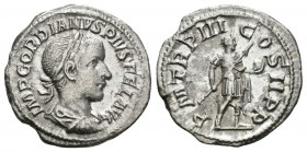 Gordiano III. Denario. 241 d.C. Roma. (Spink-8680). (Ric-115). Rev.: P M TR P III COS II P P. Gordiano en pie a derecha con lanza y globo. Ag. 2,81 g....