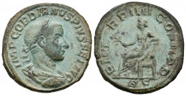 Gordiano III. Sestercio. 240 d.C. Roma. (Ric-302). Rev.: P M TR P IIII COS II PP SC. Apolo sentado a izquierda con rama. Ae. 23,98 g. MBC+/EBC-. Est.....