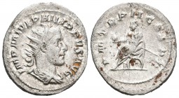 Filipo I. Antoniniano. 246 d.C. Roma. (Spink-8943). (Ric-2b). Rev.: P M TR P II COS PP. El emperador sentado a izquierda con globo y cetro. Ag. 3,75 g...