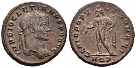 Diocleciano. Follis. 296-9 d.C. Aquileia. (Spink-12774). (Ric-23a). Rev.: GENIO POPVLI ROMANI. Genio en pie a aizquierda con pátera y cuerno de la abu...