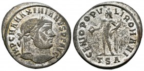 Maximiano Hércules. Follis. 298-301 d.C. Tesalónica. (Spink-13262). (Ric-21b). Rev.: GENIO POPVLI ROMANI. Genio en pie a izquierda con pátera y cuerno...