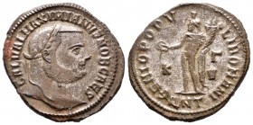 Galerio Maximiano. Follis. 300-01 d.C. Antioquía. (Spink-14380). (Ric-55b). Rev.: GENIO POPVLI ROMANI. Genio en pie a izquierda con pátera y cuerno de...