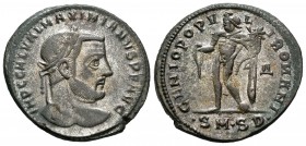 Galerio Maximiano. Follis. 305-6 d.C. Serdica. (Spink-14539). (Ric-12b). Rev.: GENIO POPVLI ROMANI. Genio en pie a izquierda con pátera y cuerno de la...
