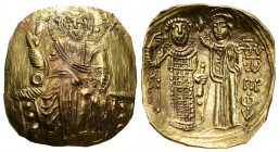 Juan III. Hyperpyron. 1222-1254 d.C. Magnesia. (Bc-2073). Anv.: Cristo entronizado de frente. Rev.: Juan en pie a izquierda siendo coronado por la Vir...