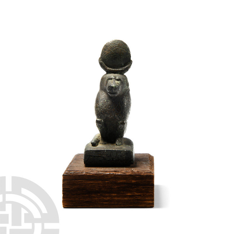 Egyptian Bronze Statuette of Thoth with Hieroglyphs to the Base
Late Period, 66...