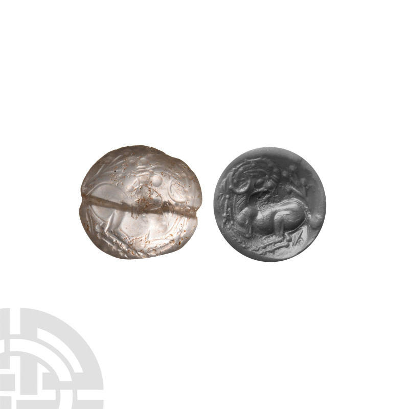 Minoan Lentoid Rock Crystal Seal
Circa 1450-1375 B.C. Displaying an incuse bull...