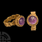 Byzantine Gold Filigree Ring with Monogram Amethyst Gemstone