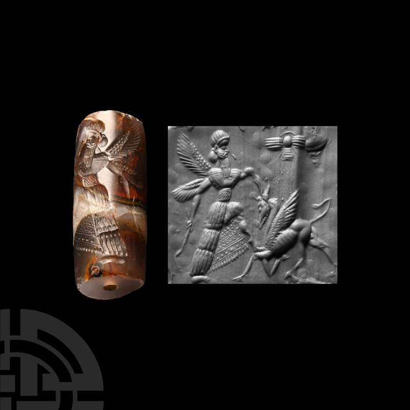 Early Neo-Assyrian Banded Agate Cylinder Seal with Combat Scene
Circa 10th cent...