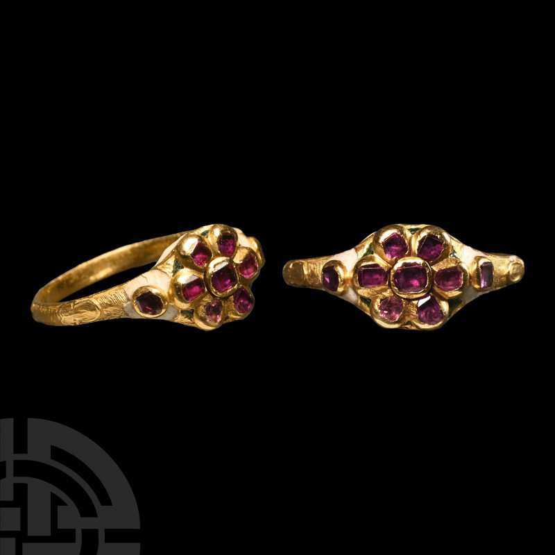 Renaissance Enamelled Gold Ring with Garnets
17th century A.D. Composed of a sl...