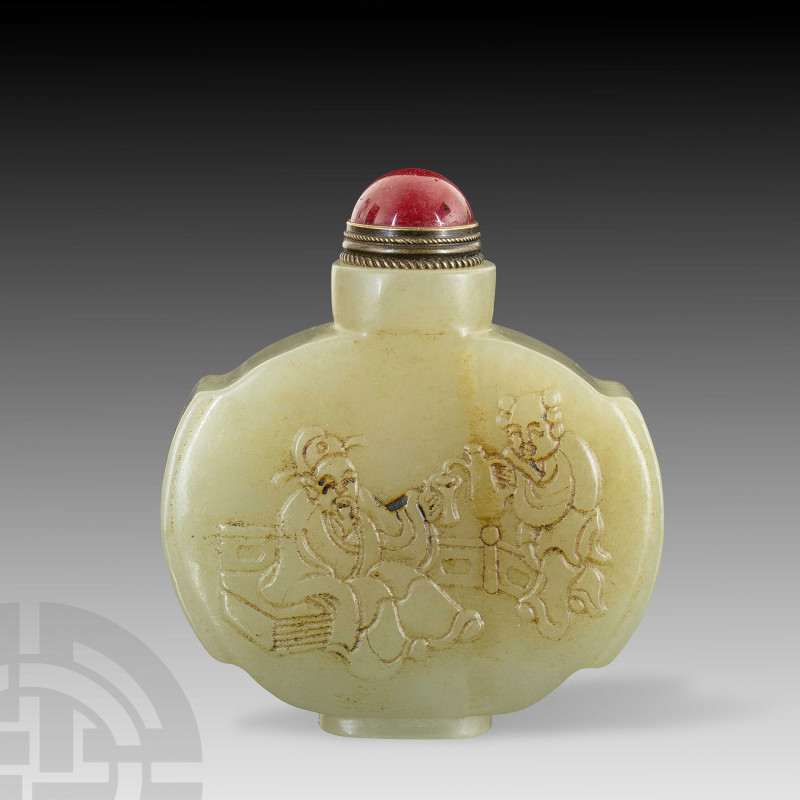 Chinese Jade Snuff Bottle
19th century A.D. Bearing a figural scene in relief o...